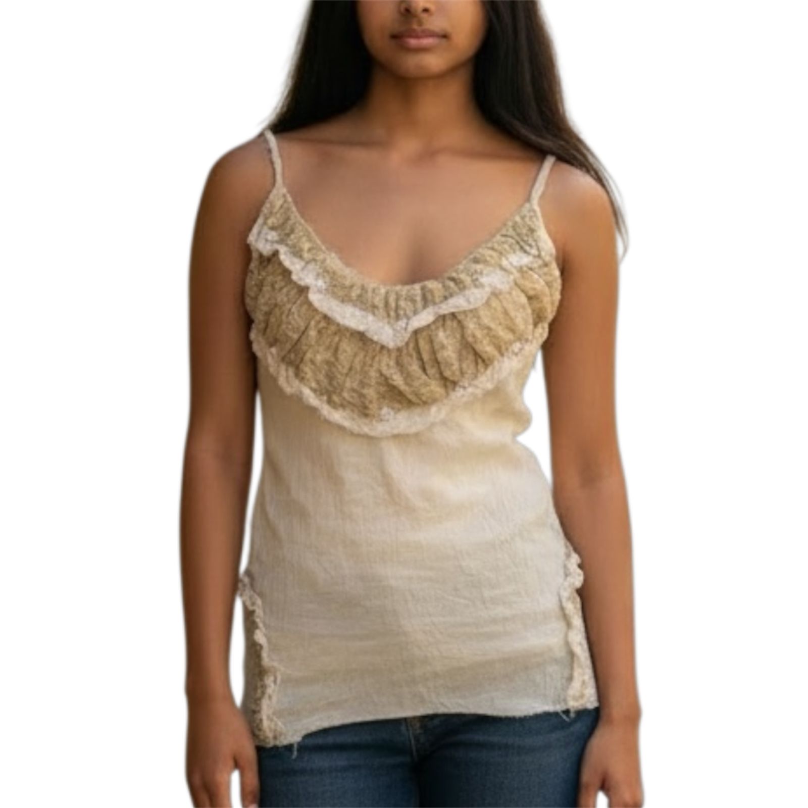 Vintage Y2k Silk Ruffle Camisole Top Size 4 Lace Trim Beaded Sheer Lined